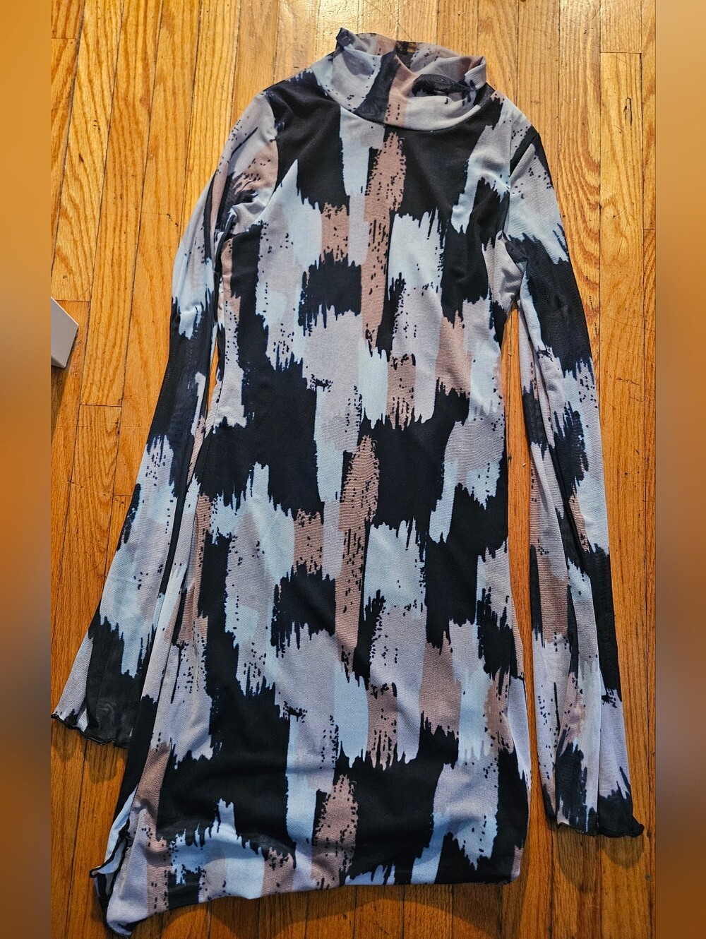 Long Sleeve Turtleneck Abstract Print Dress in Black, Gray & Pinkish Sheer